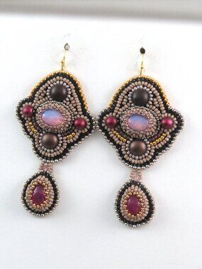 Bead Embroidered Opal earrings - handmade